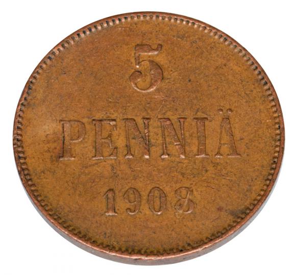 5 pennia 1908 Mikołaj II Romanow Finlandia okupacja rosyjska Helsinki