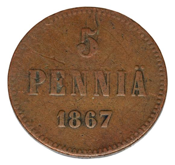 5 pennia 1867 Aleksander II Romanow Finlandia okupacja rosyjska Helsinki