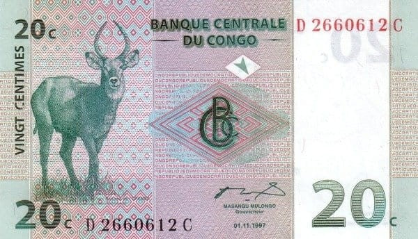 Kongo 20 centymów antylopy 1997 P-83