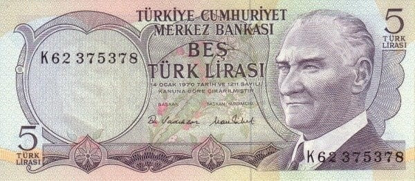 Turcja 5 lira Rzeka 1970 P-185