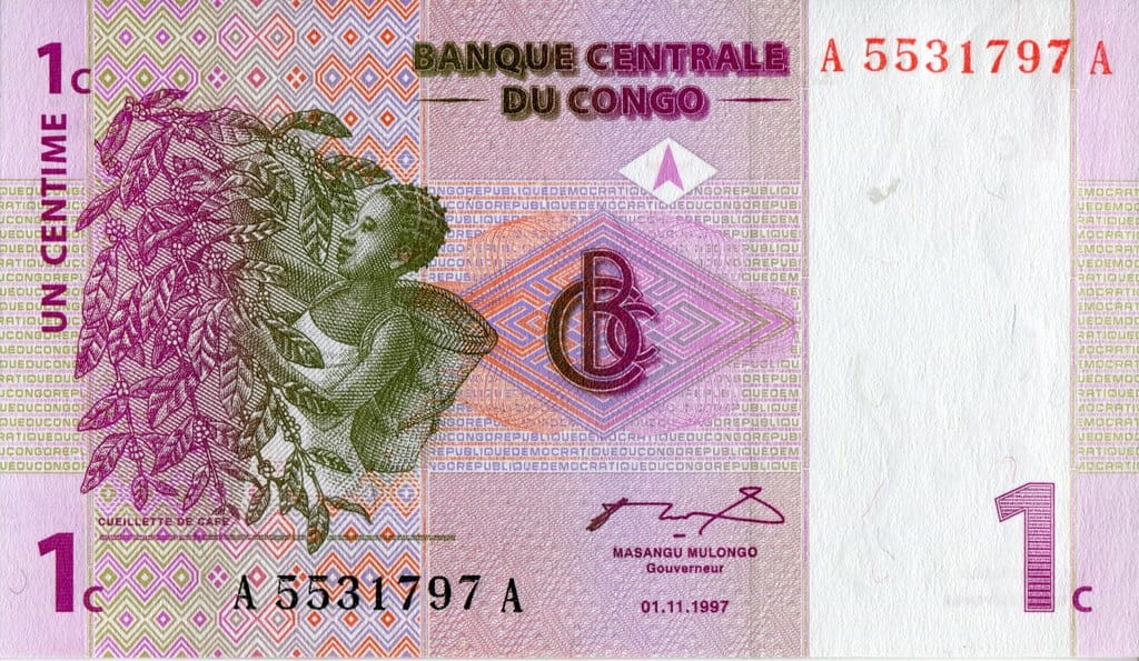 Kongo 1 centym Zbiory kawy 1997 P-80