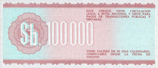 Boliwia 100 000 bolivanos Czek obiegowy 1984 P-188a