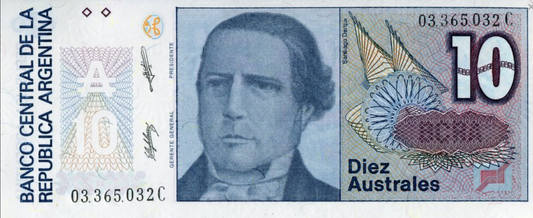 Argentyna 10 australes Santiago Derqu 1985+ P-325b