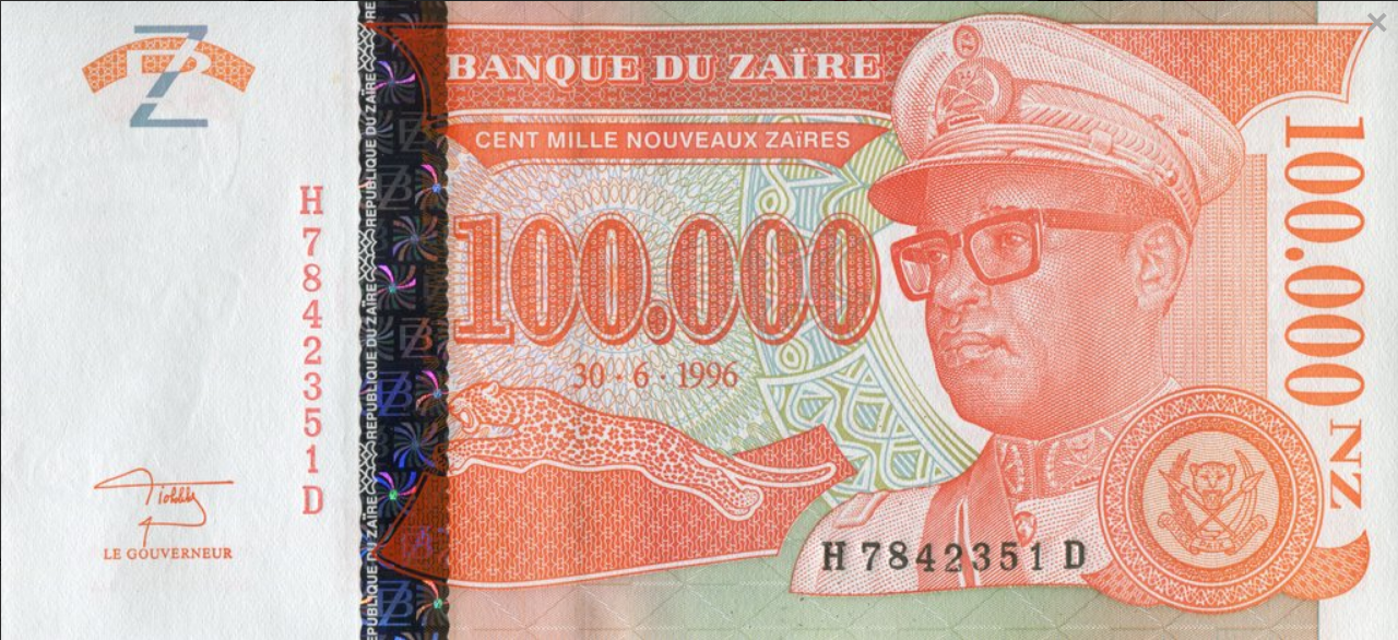 Zair 100 000 Nouveaux Zaires Generał 1996 P-77a